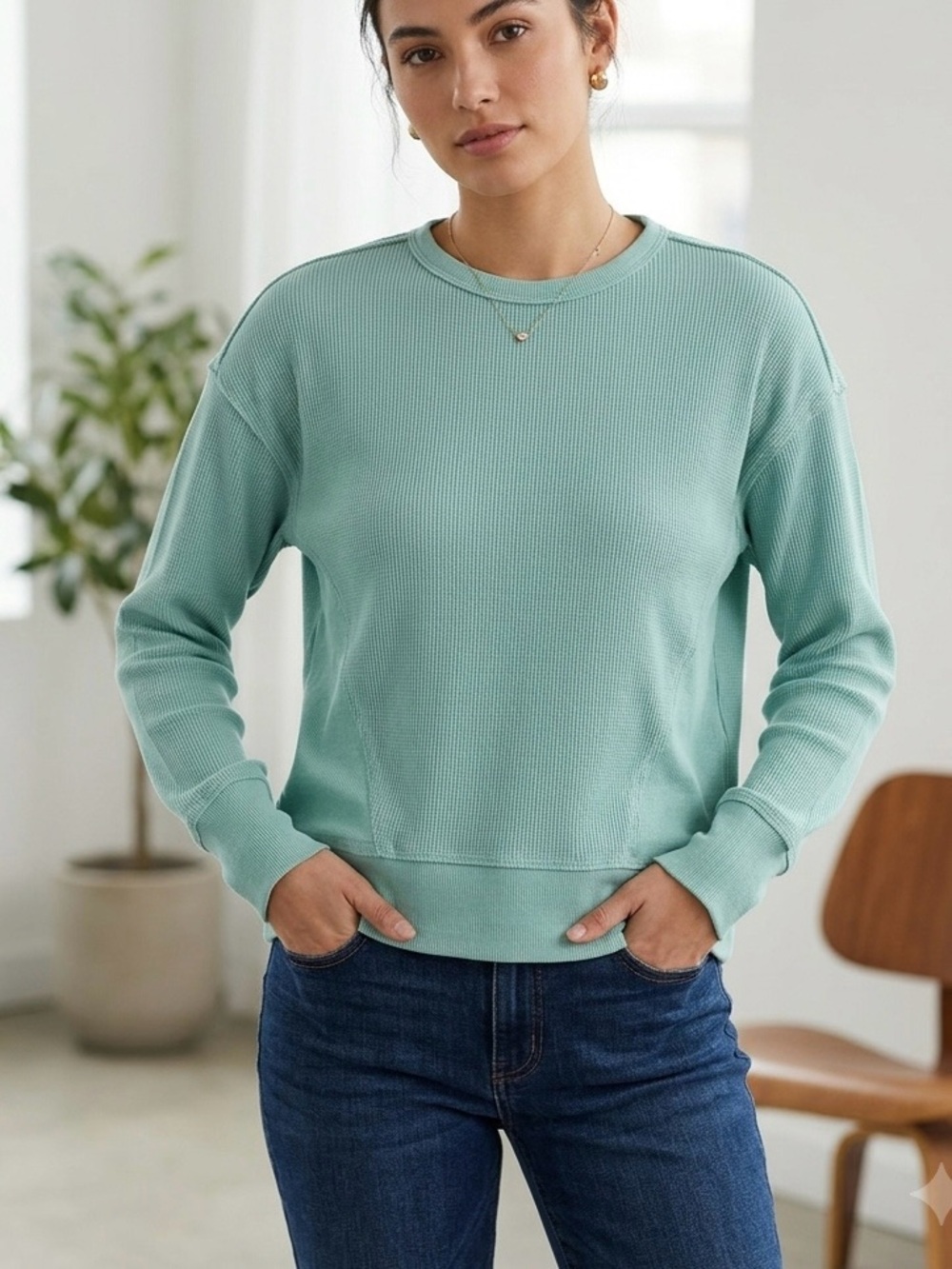 Seven 7 Mint Green Waffle Knit Crewneck Sweatshirt XS Drop Shoulder long sleeve